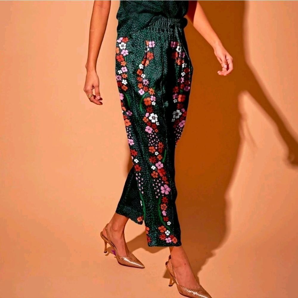 Tucker Julia Pant Baroque Floral in Emerald in Silk Stretch Charmeuse